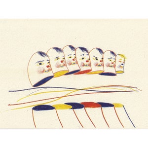 May include: A whimsical illustration of a row of nine cartoon faces with various expressions, drawn in a simple style with colored pencils. The faces are arranged in a line, with their heads tilted slightly to the side. The faces are all white with black eyes and eyebrows, and they have different colored noses and mouths. The background is a light beige.