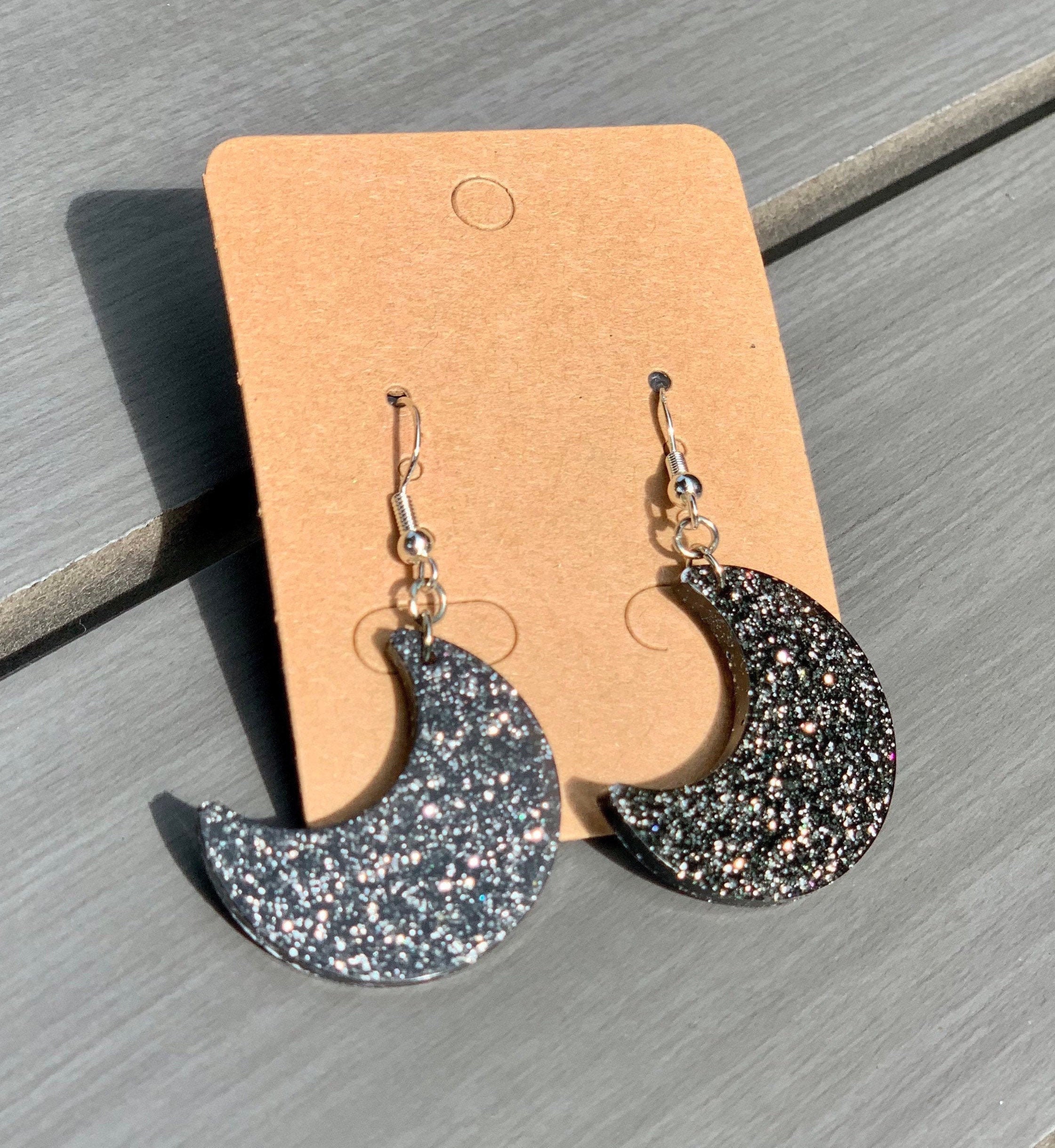 Glitzernde Harz Ohrringe schwarze und silberne Mondohrringe | Etsy