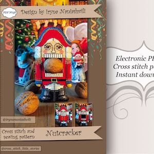 May include: A cross stitch pattern for a Nutcracker, featuring a red and gold soldier holding a nut. The pattern is available as an instant download.