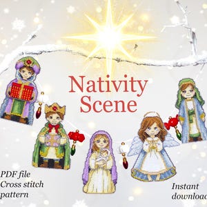 Könnte beinhalten: Ein Kreuzstichmuster mit einer Krippenszene. Das Bild zeigt fünf Figuren: drei Weise, Maria mit dem Jesuskind und einen Engel. Die Figuren sind in verschiedenen Farben gehalten, mit dem Text "Nativity Scene" darüber.