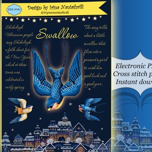 May include: A cross-stitch pattern design featuring a blue swallow with outstretched wings, set against a dark blue night sky with a cityscape. The text includes "Swallow" and details about the folk chant "Shchedryk". The design is available as an electronic PDF file.
