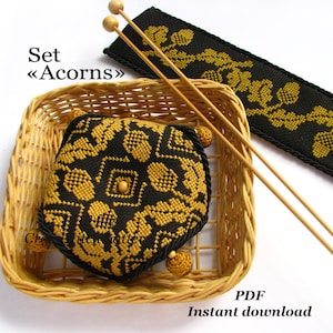 Set &quot;Acorns&quot; - Cross Stitch PDF Pattern. Biscornu and Knitting Needle Cover. Autumn Cross Stitch Pattern.