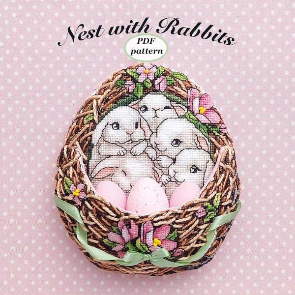 Nest with Rabbits - 3D Cross Stitch Pattern. Easter Cross Stitch Pattern.
