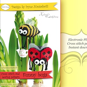 May include: A digital cross stitch pattern for a bee and a ladybug. The pattern is called "Funny Bugs" and is designed by Iryna Naniashvili. The pattern is available for instant download.