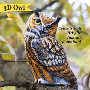 May include: A 3D owl cross stitch pattern featuring a brown, black, and white owl with yellow eyes. The text 3D Owl and Cross Stitch PDF file Instant download is visible on the image. The owl has prominent ear tufts and detailed plumage.