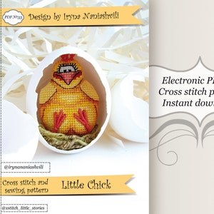 May include: Cross stitch pattern for a little chick in an eggshell. The pattern is available as an instant download.