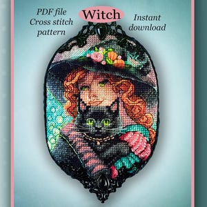 May include: Cross stitch pattern featuring a witch with red hair and a black cat, wearing a hat adorned with flowers and pumpkins. The design is framed in a black, ornate oval shape. Text includes "Witch", "PDF file", "Cross stitch pattern", and "Instant download".