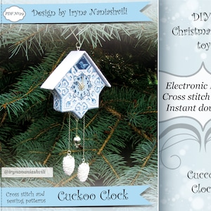 PDF-схема 3D-вышивки крестом — Часы с кукушкой. Елочные игрушки своими руками. Новогодний декор. Монохромный орнамент.