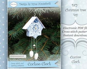 PDF 3D Cross Stitch Pattern: Cuckoo Clock. DIY Christmas tree decorations. New Year's decor. Monochrome ornament.
