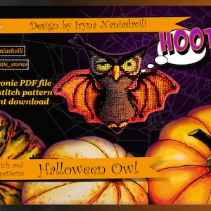 Halloween Eule - PDF Kreuzstichmuster. 3D Kreuzstich Spielzeug. Dekoration für Halloween. Kostenlose druckbare Postkarte.