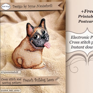 Modèle PDF point de croix 3D - Léon bouledogue français. Cadeau d'amoureux des chiens. Portrait de bouledogue français.