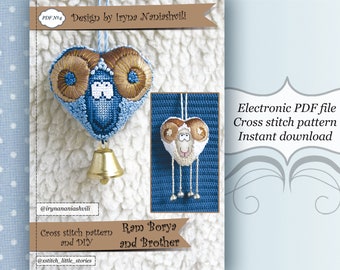 3D Cross Stitch PDF Patterns - Ram Borya and his brother. Animal horoscope. Cross stitch small heart. Animal cross stitch paterns.