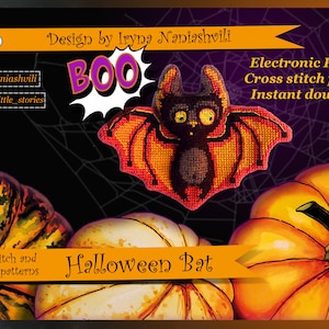 Pipistrello di Halloween - Schema punto croce PDF. Giocattolo a punto croce 3D. Decorazioni per Halloween. Cartolina stampabile gratuita.