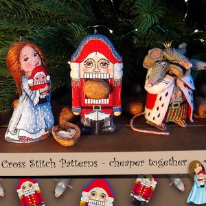 Puede incluir: Tres patrones de punto de cruz que representan un Cascanueces, un Rey Ratón y una niña que sostiene una muñeca Cascanueces. Los patrones están impresos en papel blanco y listos para ser cosidos.