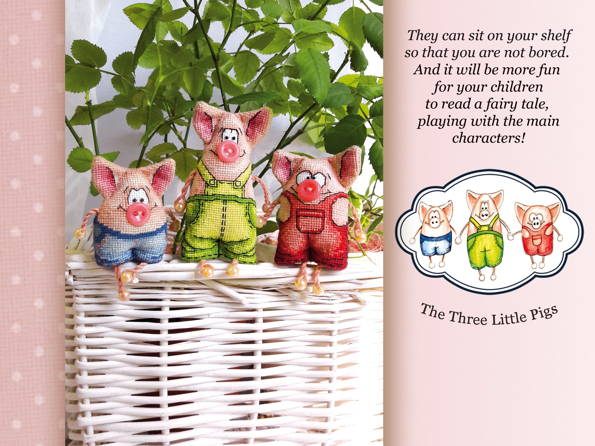 3匹の子豚　クロスステッチ完成品 3D クロスステッチ PDF パターン - 三匹の子豚。装飾用のおもちゃ