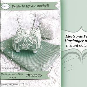 Peut inclure: Un motif de broderie Hardanger blanc et vert pour un Ottoman, un petit coussin carré avec un motif de point d'aiguille. Le motif est disponible en téléchargement instantané.