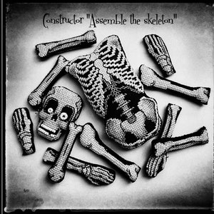 May include: Black and white image of a skeleton made of fabric pieces. The skeleton is disassembled and the pieces are scattered on a white surface. The text "Constructor "Assemble the skeleton" is written at the top of the image.