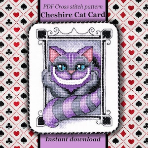 May include: A cross-stitch pattern of the Cheshire Cat, a character from Alice in Wonderland. The cat is depicted in shades of purple and grey with a large smile and blue eyes, framed against a white backdrop. The background features a playing card design.