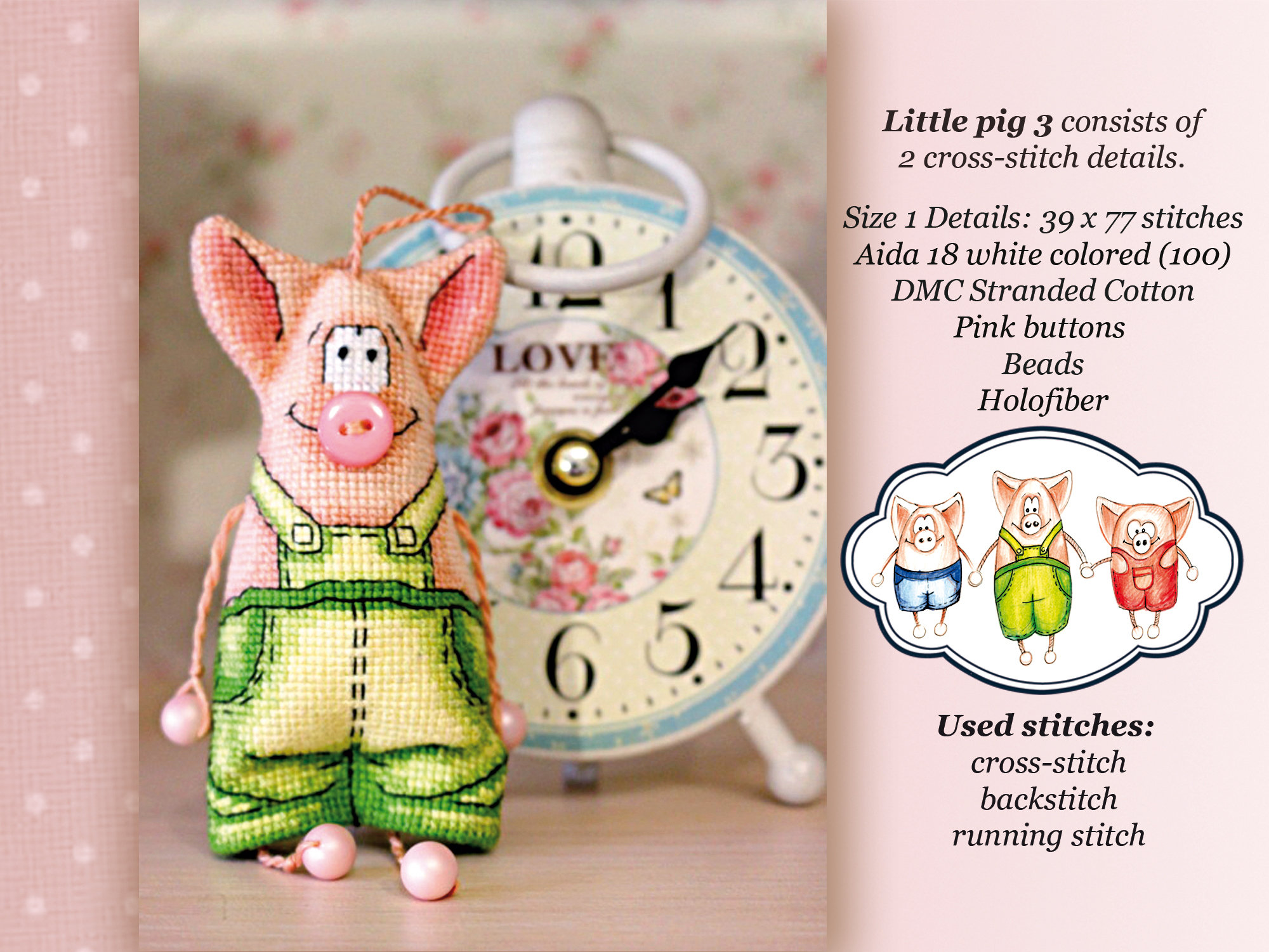 3D クロスステッチ PDF パターン - 三匹の子豚。装飾用のおもちゃ