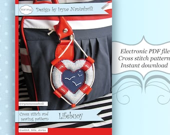 3D Cross Stitch PDF Patterns - Lifebuoy. Cross Stitch Pinkeep. Keychain for bag. Beach decor.