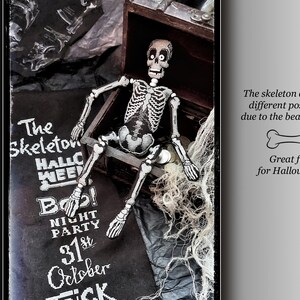 May include: A skeleton doll with beaded joints sits in a wooden treasure chest. The skeleton is posed with its arms outstretched and legs crossed. The chest is decorated with a black and white fabric and a sign that reads "The Skeleton Halloween Week Boo! Night Party 31st October".