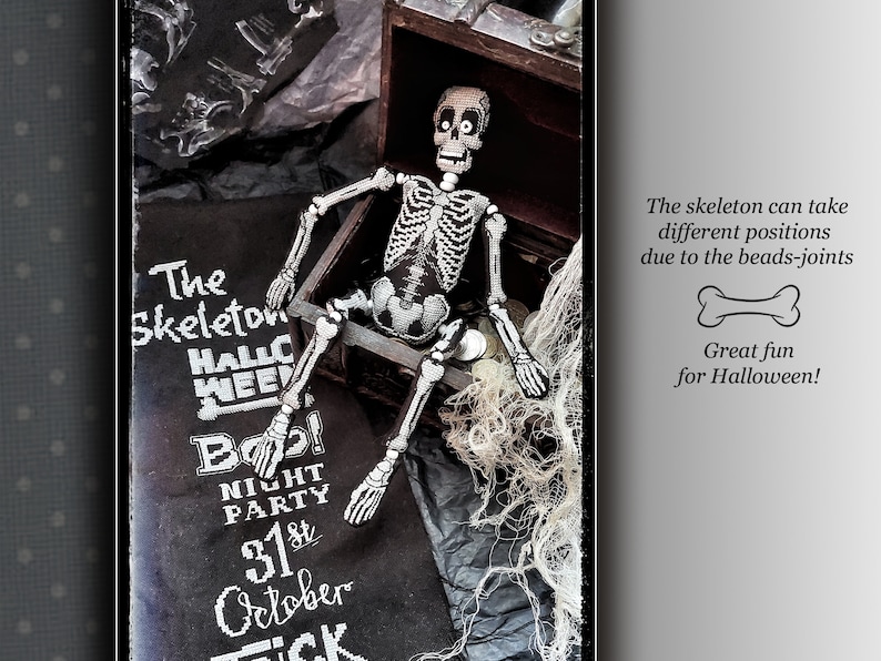 May include: A skeleton doll with beaded joints sits in a wooden treasure chest. The skeleton is posed with its arms outstretched and legs crossed. The chest is decorated with a black and white fabric and a sign that reads "The Skeleton Halloween Week Boo! Night Party 31st October".