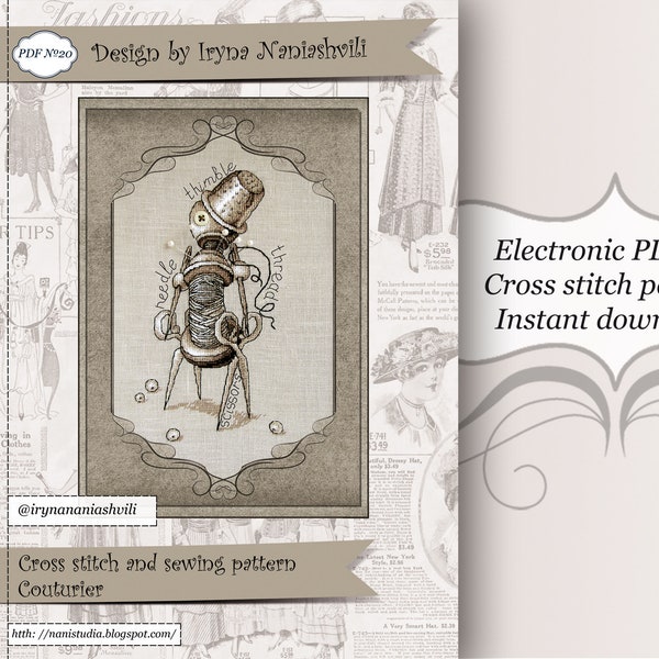 Cross Stitch Pattern - Сouturier. Steampunk Сross Stitch. Monochrome Cross Stitch Pattern.