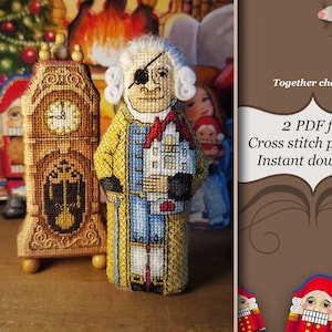 Könnte beinhalten: Zwei Kreuzstichmuster für einen Nussknacker und eine Uhr. Der Nussknacker trägt ein blaues und gelbes Outfit mit einer roten Schärpe und einem weißen Hut. Die Uhr ist braun mit einem weißen Zifferblatt und schwarzen Zeigern. Die Muster sind zum sofortigen Download verfügbar.