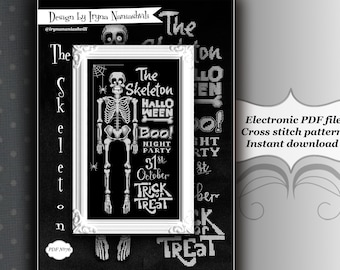 Halloween Cross Stitch Pattern - The Sceleton poster. Cross stitch lettering. Halloween decor.