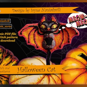 Halloween Katze - PDF Kreuzstichmuster. 3D Kreuzstich Spielzeug. Dekoration für Halloween. Kostenlose druckbare Postkarte.