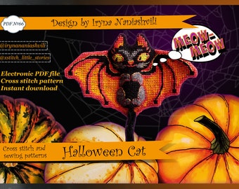Halloween Cat - PDF Cross Stitch Pattern. 3D Cross Stitch Toy. Decor for Halloween. Free printable postcard.