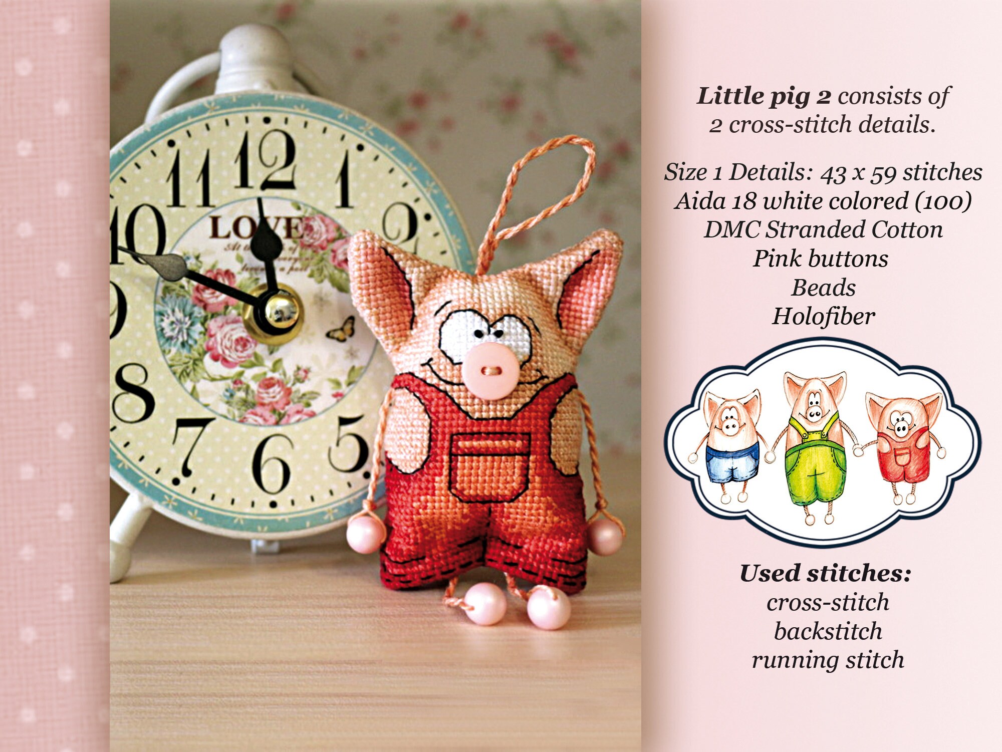 3D クロスステッチ PDF パターン - 三匹の子豚。装飾用のおもちゃ