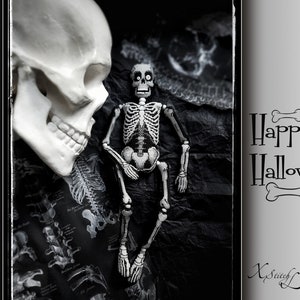 May include: A white skeleton doll with black eyes sits on a black and white anatomical chart background. A white skull is in the upper left corner of the image. The text "Happy Halloween!" is in the upper right corner of the image.