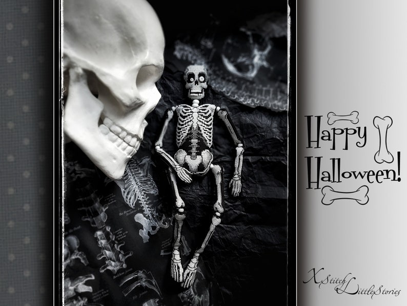 May include: A white skeleton doll with black eyes sits on a black and white anatomical chart background. A white skull is in the upper left corner of the image. The text "Happy Halloween!" is in the upper right corner of the image.
