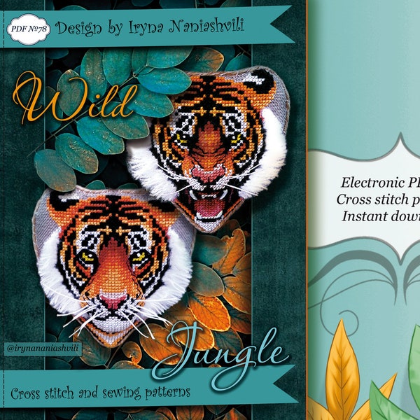 3D Cross Stitch PDF Patterns - Wild Jungle. DIY Christmas tree toys. Cross stitch small heart. Animal cross stitch patterns. Tiger.