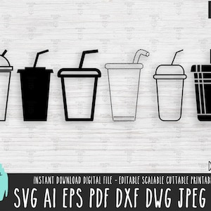May include: Six black and white logo designs for a coffee shop or beverage company. The logos feature different styles of cups with straws.