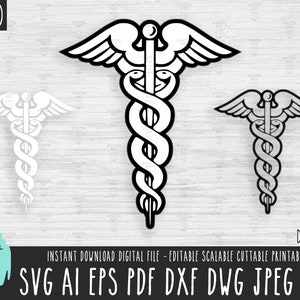 Puede incluir: Un archivo de corte SVG en capas en blanco y negro del símbolo médico Caduceo. El símbolo es una serpiente envuelta alrededor de un bastón con alas en la parte superior. El archivo está disponible en los formatos SVG, AI, EPS, PDF, DXF, DWG, JPEG y PNG.