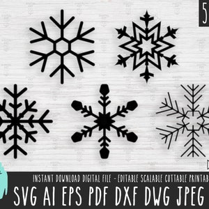 May include: Five black snowflake designs in a pack. The snowflakes are different shapes and sizes. The designs are on a white wood background. The text "5 PACK" and "DAS 245" are in the image. The text "INSTANT DOWNLOAD DIGITAL FILE - EDITABLE SCALABLE CUTTABLE PRINTABLE" is in the image. The text "SVG AI EPS PDF DXF DWG JPEG PNG" is in the image.