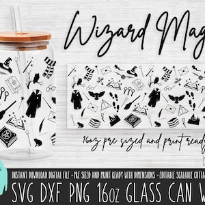 WIZARD 16oz Glass Can wrap, Magic Wang glass can SVG cut file Wizard PNG Libbey sublimation, Magic Wang svg, Spell book digital download 670