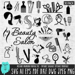 May include: Black and white digital art of beauty salon tools and icons, including scissors, combs, hair dryers, and a perfume bottle. The words "Beauty Salon" are in the center. The image also includes the text "30 PACK" and "DIGITAL ART STUDIO".