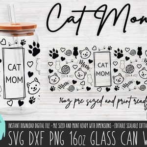 Katzenmama 16 Unzen Glasdosenverpackung, Kitty-Schnittdatei, Katzenmama Libbey Sublimation, Katzenpfoten Muster SVG PNG, Kitty Mama Vektorverpackung Kommerzielle Nutzung 619