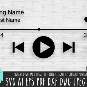 May include: A digital music player interface with a black background and white text. The interface shows the song name, artist name, play controls, and a timer. The timer shows 1:24 and 3:15. The text "Song Name" and "Artist Name" are displayed at the top of the interface. The play controls include a play button, a rewind button, a fast forward button, and a repeat button. The interface is on a white wooden background.