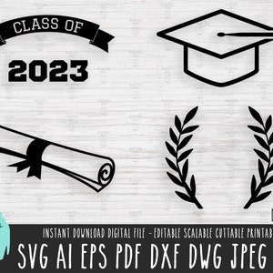 Clase de 2023 Paquete SVG, Archivo vectorial del paquete de graduación, Banner de diploma de sombrero de graduación Cricut/Silhouette/Procreate, Corona Descarga digital 312