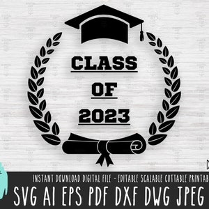 Logotipo de clase de 2023 SVG, archivo vectorial sólido del logotipo de Prom 2023, banner de diploma de sombrero de graduación Corona Cricut/Silueta, Descarga digital PNG 305