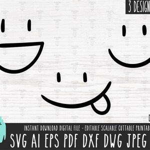 May include: Three black and white hand-drawn smiley faces. The first smiley face has a simple mouth and two eyes. The second smiley face has a simple mouth and two eyes. The third smiley face has a simple mouth, two eyes, and a tongue sticking out.