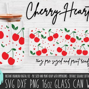 CHERRY Heart 16oz Glasdosenverpackung, Kirschblütenglasdosen-Svg-Schnittdatei, rote Kirsche png Libbey Sublimation, Kirschliebe digitaler Download 606