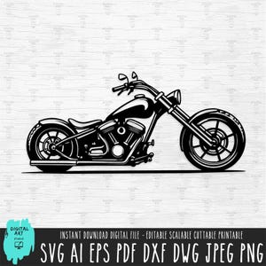 May include: A black and white graphic illustration of a chopper motorcycle in profile. The design features a long front fork, a teardrop-shaped fuel tank, a V-twin engine, and spoked wheels. The image is presented as a digital file for cutting.