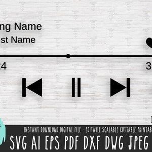 May include: A black and white digital music player interface with a heart icon, play, pause, rewind, fast forward, and repeat buttons. The interface displays "Song Name" and "Artist Name" with the time stamps "1:24" and "3:15".