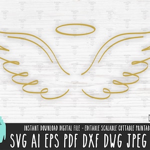 May include: A digital download of a gold outline angel wing design with a halo. The design is perfect for crafting projects, scrapbooking, and more.