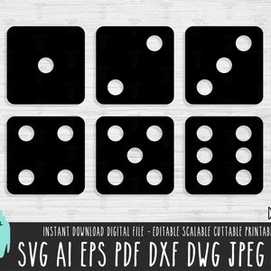 6 dadi pacchetto solido SVG, download digitale di icone di dadi, file vettoriale simbolo di morte, uno due tre numeri stencil clipart Cricut Silhouette 428